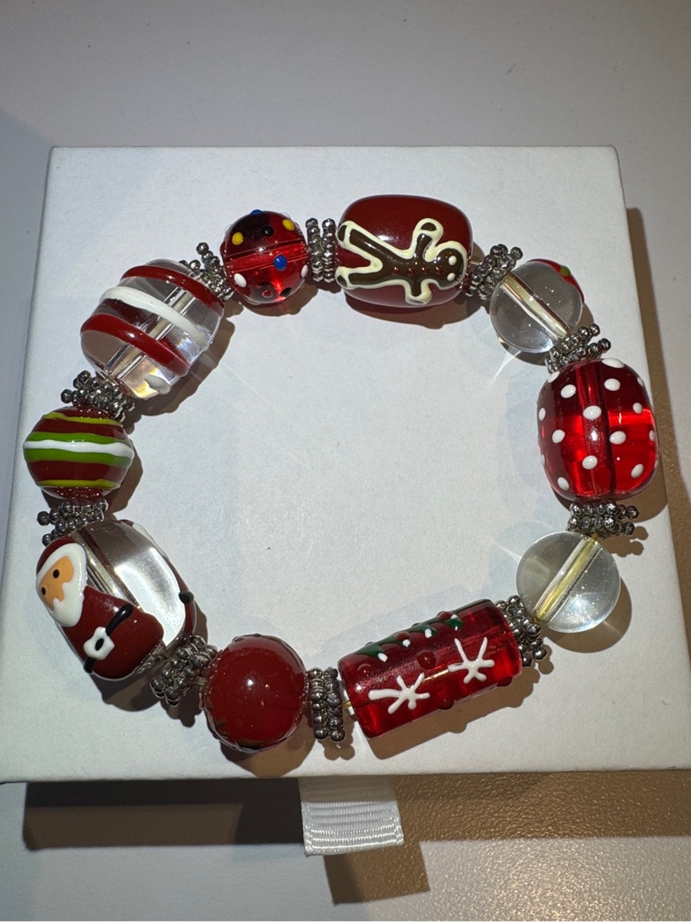 Vintage Festive Christmas Red Glass Bead Stretch Bracelet - Holiday Style